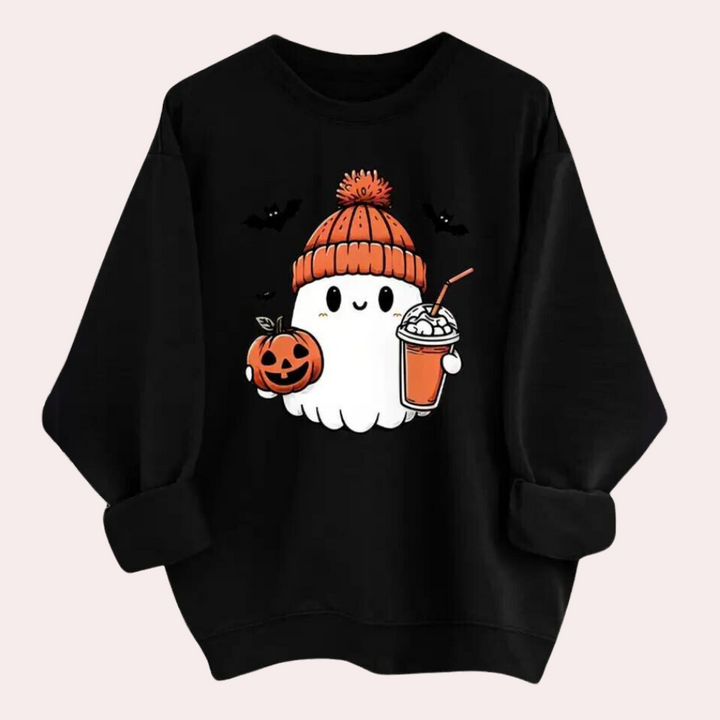 Zwarte Halloween-trui met schattige spookprint, pompoen en drankje. Perfect voor herfstmode en feestelijke kleding. Unisex, comfortabele pasvorm.