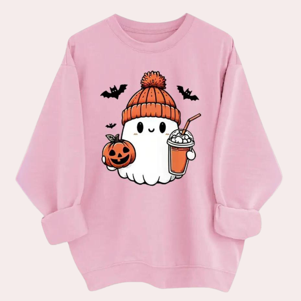 Roze Halloween-trui met schattige spookprint, pompoen, vleermuizen en milkshake. Perfect voor herfstmode en Halloween-thema's.