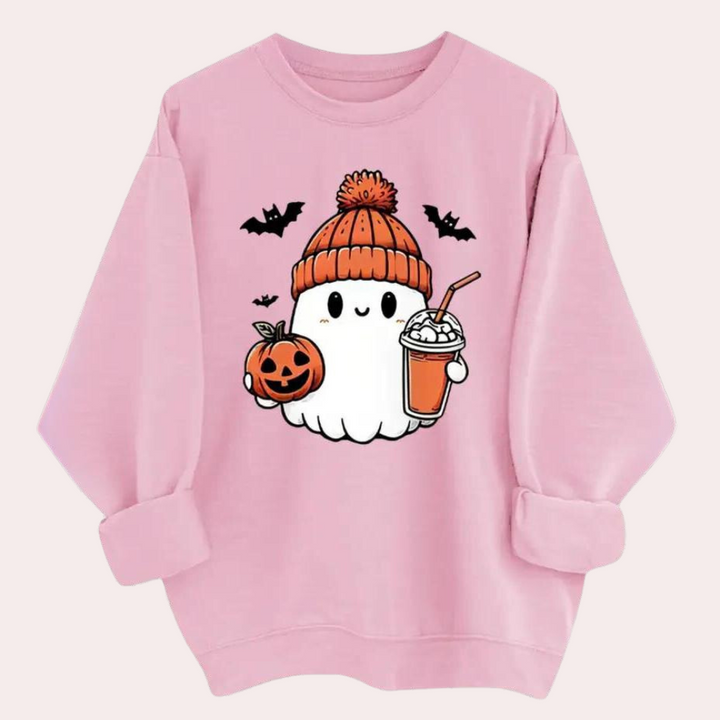 Roze Halloween-trui met schattige spookprint, pompoen, vleermuizen en milkshake. Perfect voor herfstmode en Halloween-thema's.