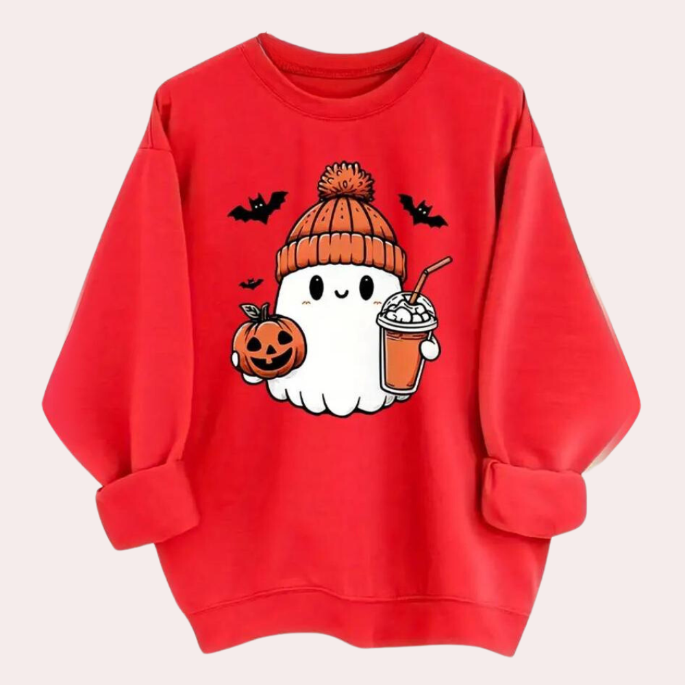 Rode trui met schattige spookprint, pompoen en vleermuizen, ideaal voor Halloween. Comfortabele herfstmode voor kinderen en volwassenen.