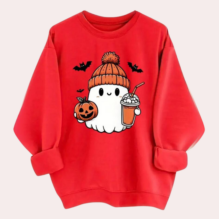 Rode trui met schattige spookprint, pompoen en vleermuizen, ideaal voor Halloween. Comfortabele herfstmode voor kinderen en volwassenen.