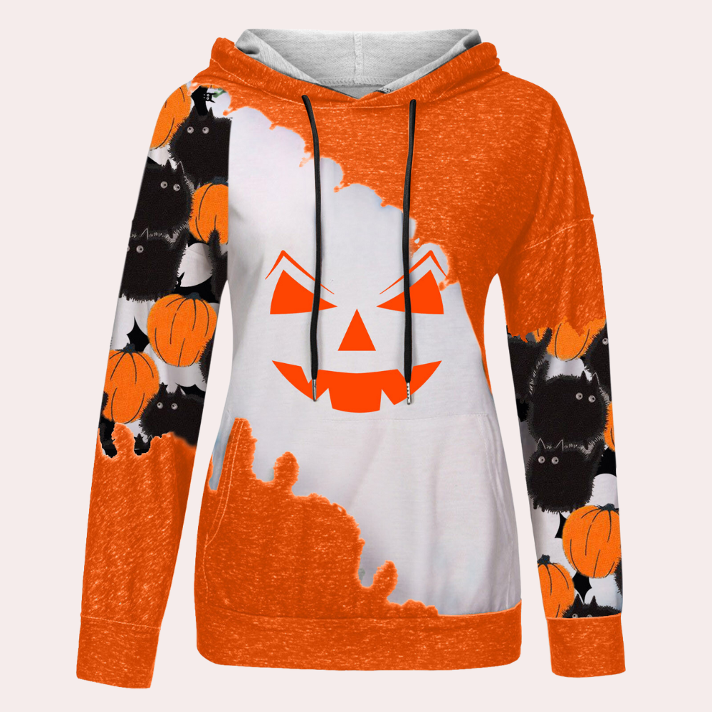 Oranje Halloween hoodie met pompoen- en vleermuisprint, capuchon en trekkoorden. Perfect voor herfst en feestdagen. Comfortabele en stijlvolle kleding.
