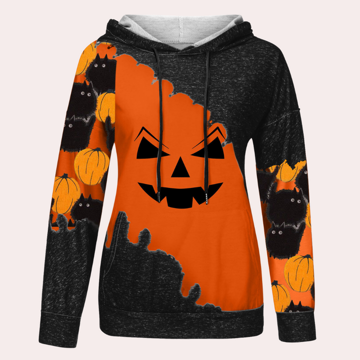 Oranje en zwarte Halloween hoodie met pompoen- en vleermuisprint, ideaal voor herfstmode. Comfortabele pasvorm, perfect voor Halloween-feestjes.