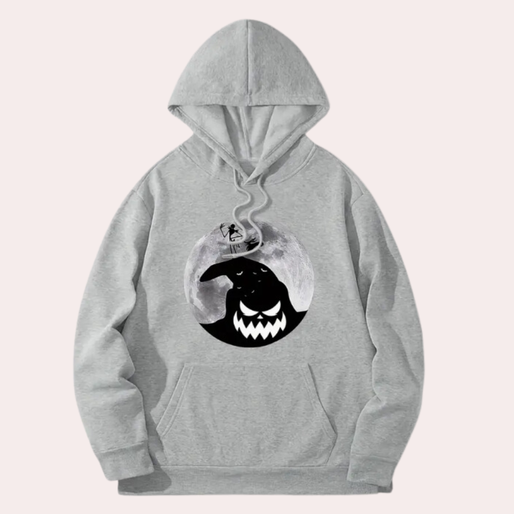 Grijze hoodie met Halloween-print, featuring een zwarte kat en maanontwerp. Comfortabele unisex trui, ideaal voor herfstmode en casual outfits.