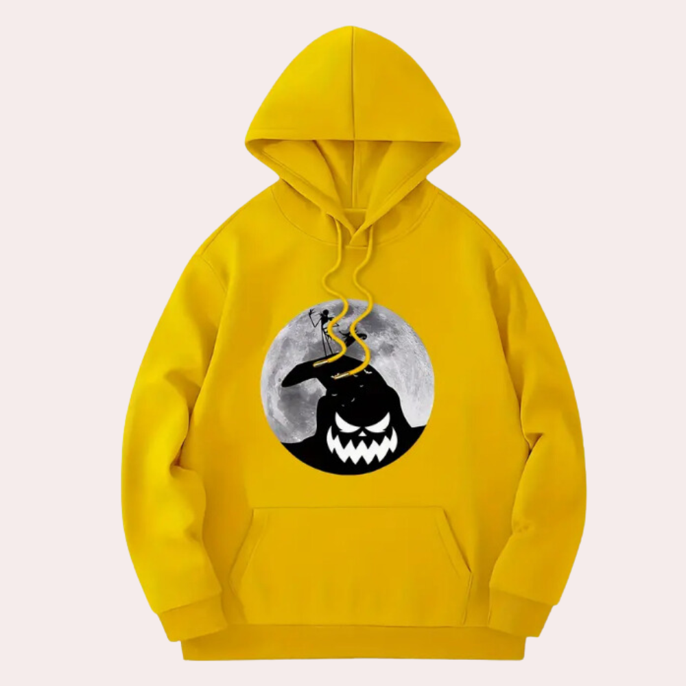 Gele hoodie met Halloween-print, maan en silhouet van monster. Comfortabele unisex trui, perfect voor herfstmode en casual streetwear.