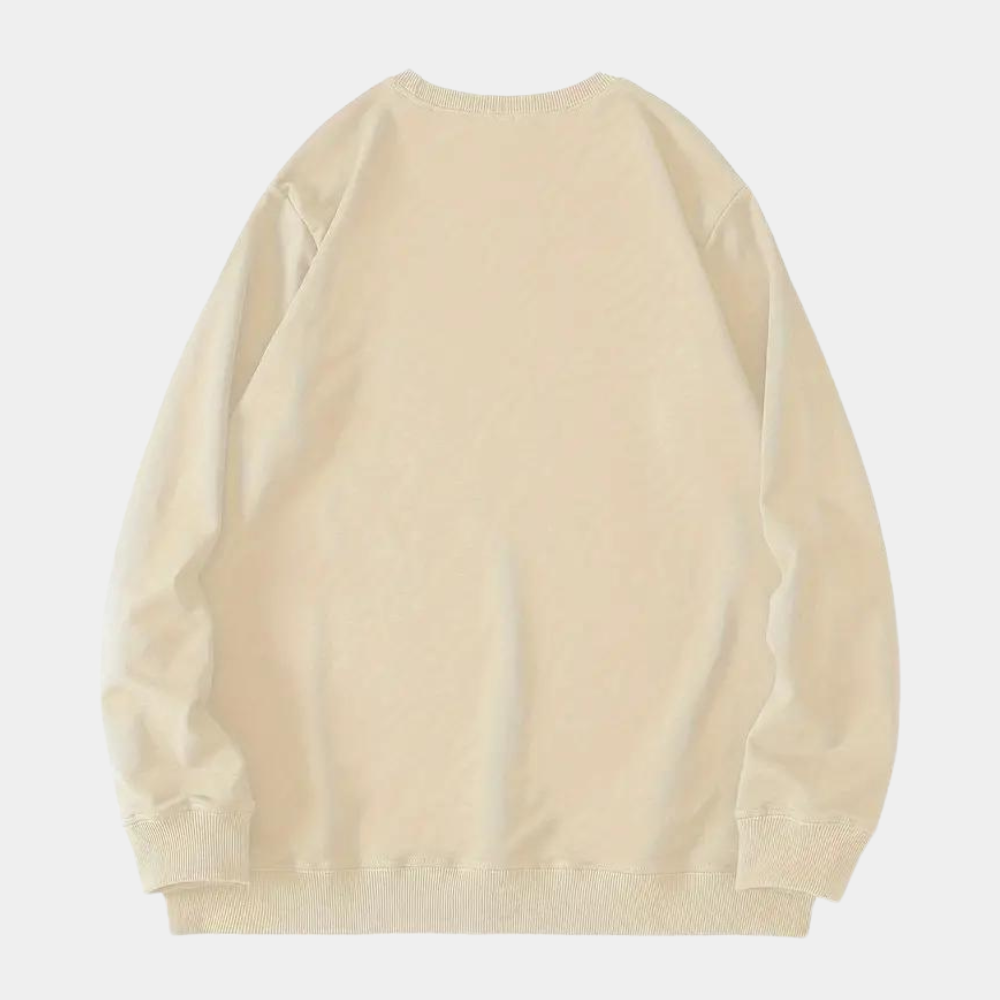 Beige oversized sweatshirt, achterkant, uniseks, casual mode, comfortabele katoenen trui, lange mouwen, minimalistisch ontwerp.