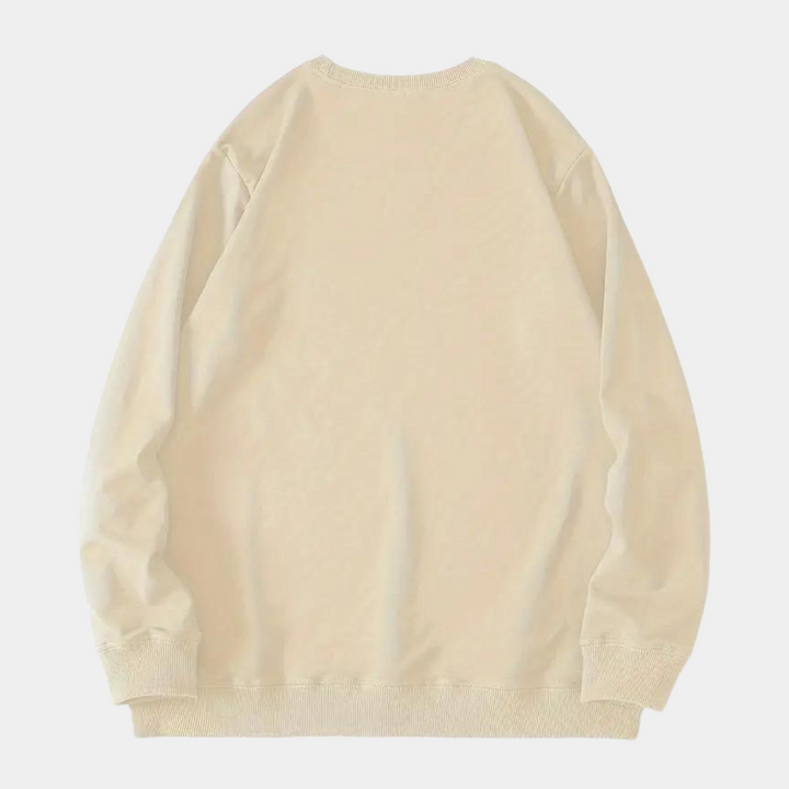 Beige oversized sweatshirt, achterkant, uniseks, casual mode, comfortabele katoenen trui, lange mouwen, minimalistisch ontwerp.
