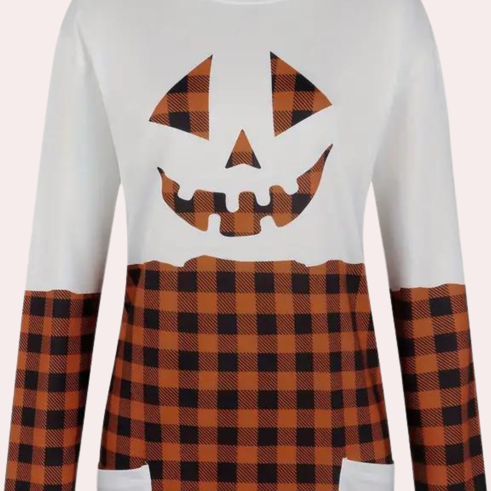 Witte trui met pompoen gezicht en oranje-zwart geruit patroon, Halloween kleding, lange mouwen, casual herfstmode, dames sweater.