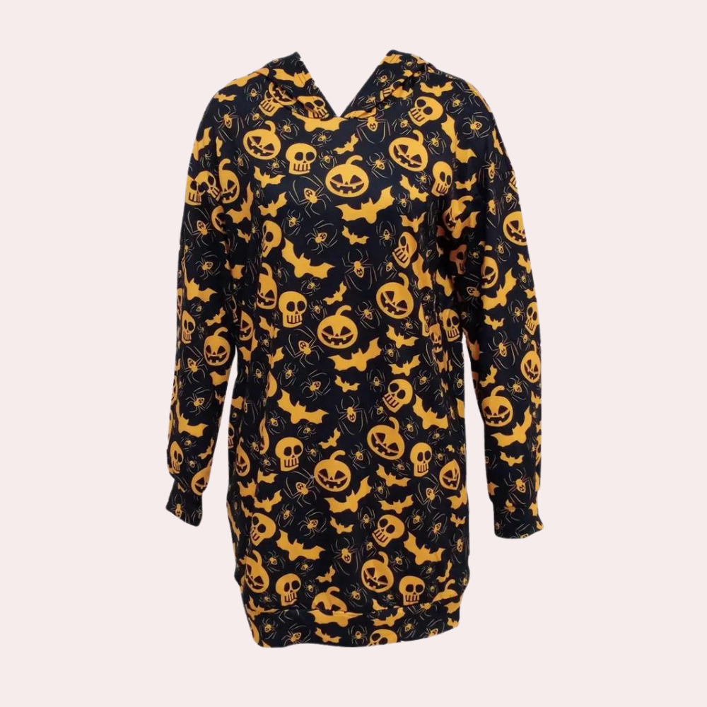Zwarte Halloween-hoodie met gele pompoen- en schedelprint, lange mouwen en capuchon. Perfect voor Halloween-feestjes en herfstmode.