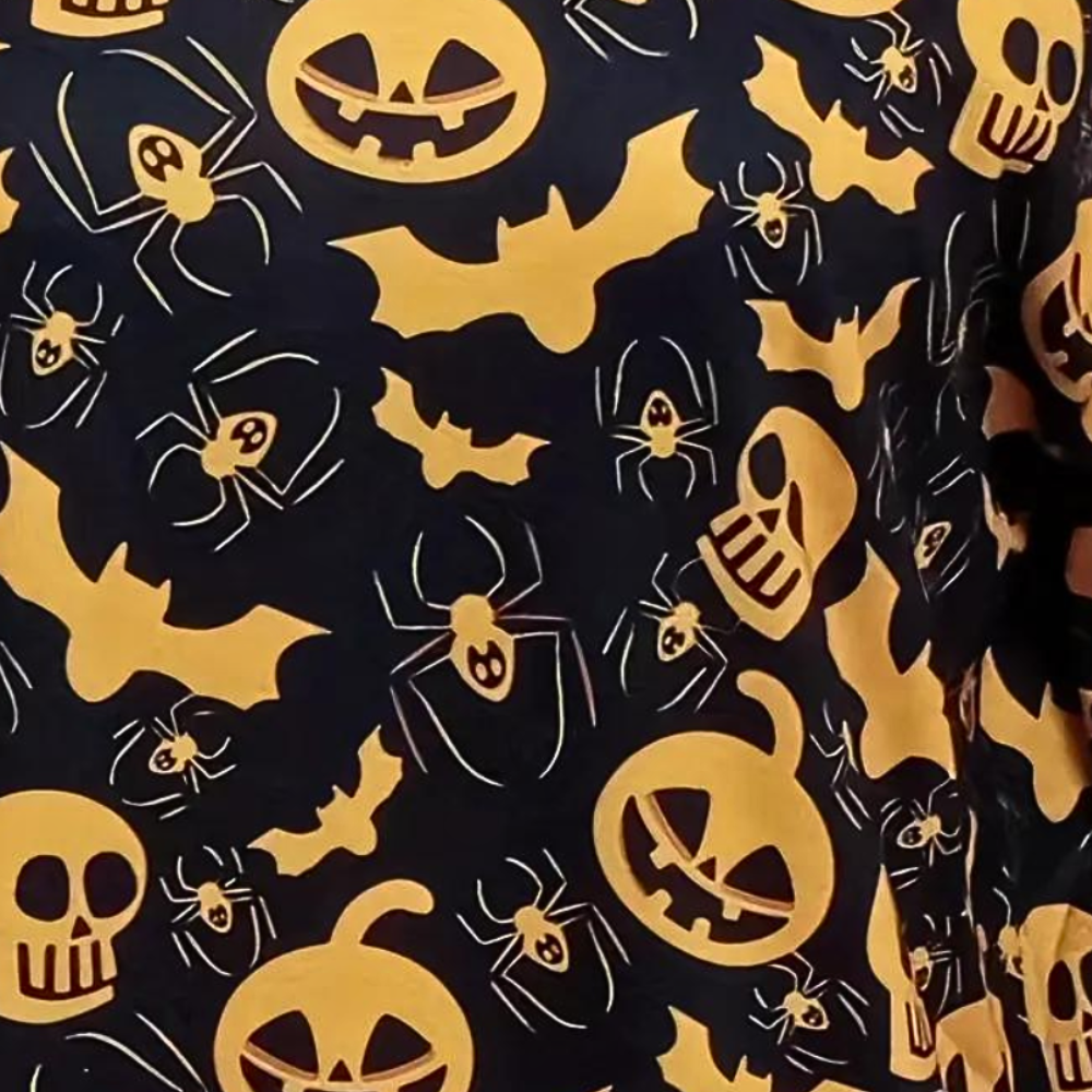 Halloween patroon met pompoenen, vleermuizen, spinnen en schedels op zwarte achtergrond. Perfect voor feestelijke kleding en decoratie.
