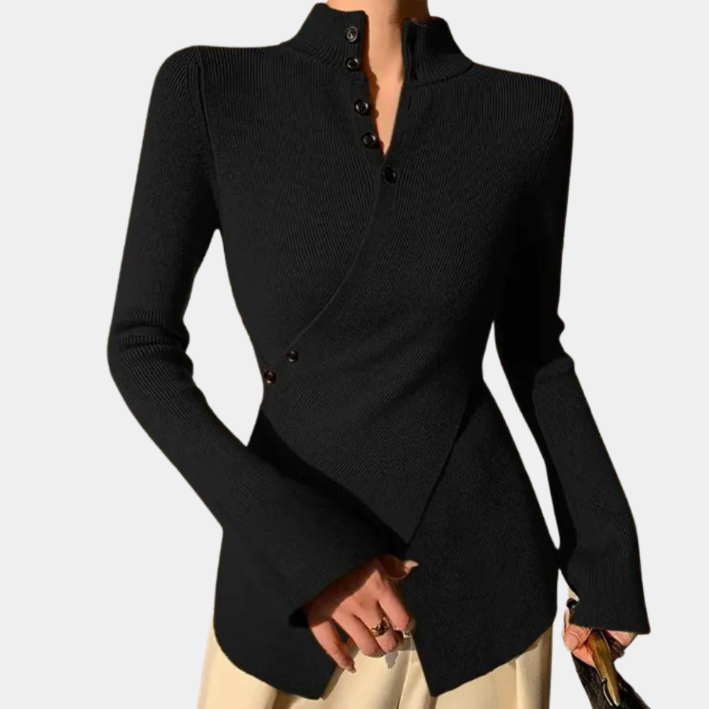 Zwarte asymmetrische damestrui met hoge kraag en knoopsluiting, stijlvolle en moderne mode, perfect voor herfst- en winteroutfits.
