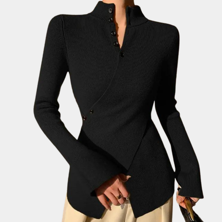 Zwarte asymmetrische damestrui met hoge kraag en knoopsluiting, stijlvolle en moderne mode, perfect voor herfst- en winteroutfits.