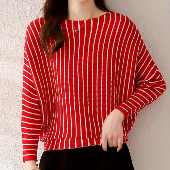 Rood-wit gestreepte trui damesmode, lange mouwen, casual stijl, comfortabele pasvorm, trendy kleding, herfst-winter collectie.