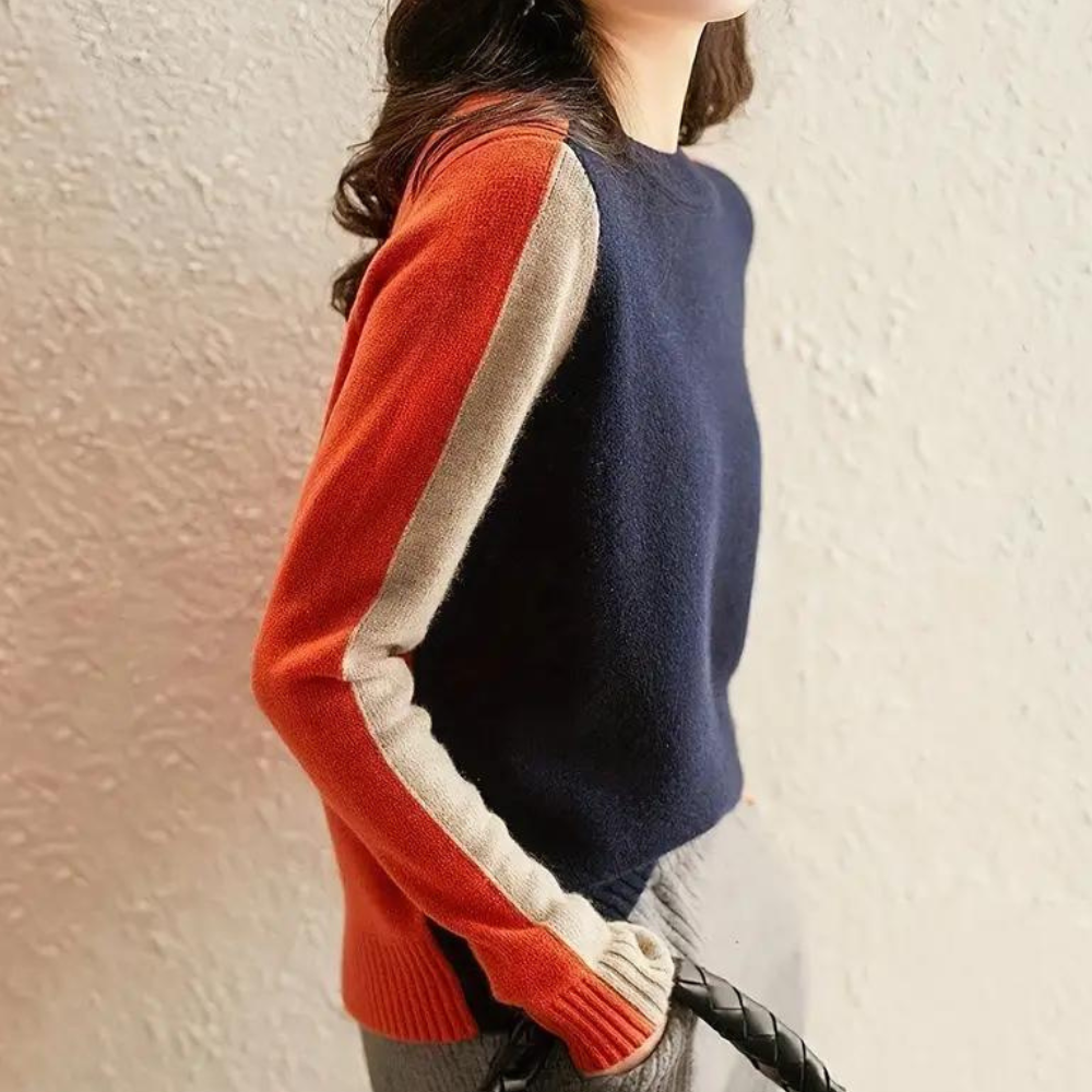 Damestrui met lange mouwen, kleurblokken in marineblauw, oranje en beige, modieuze casual stijl, comfortabele pasvorm, herfst- en winterkleding.