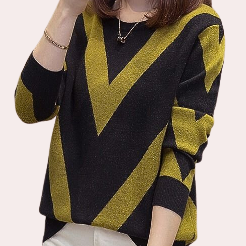Damestrui met zwart-geel zigzagpatroon, lange mouwen, ronde hals. Modieuze herfstkleding, comfortabele pasvorm, trendy design.