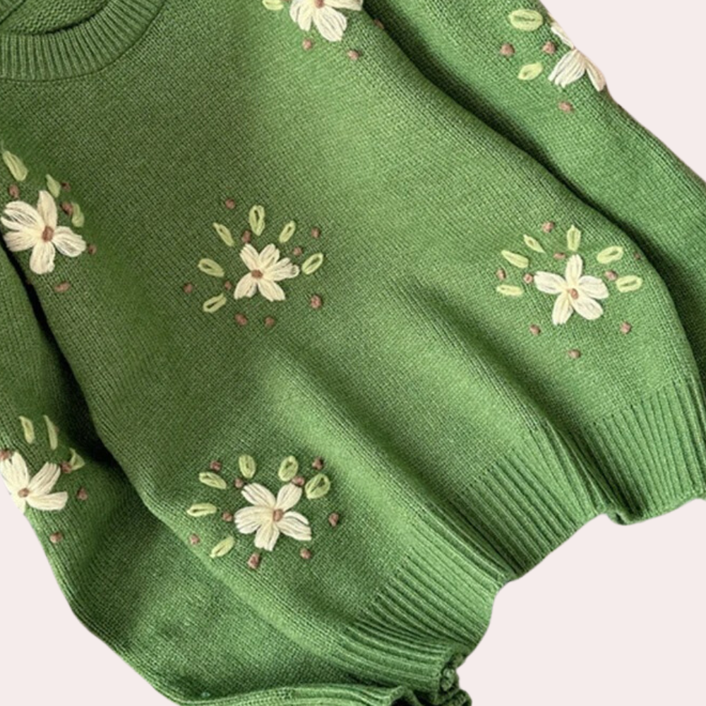 Groene trui met geborduurde bloemen, damesmode, gebreide kleding, herfst-winter stijl, casual en comfortabel, trendy design, hoogwaardige stof.