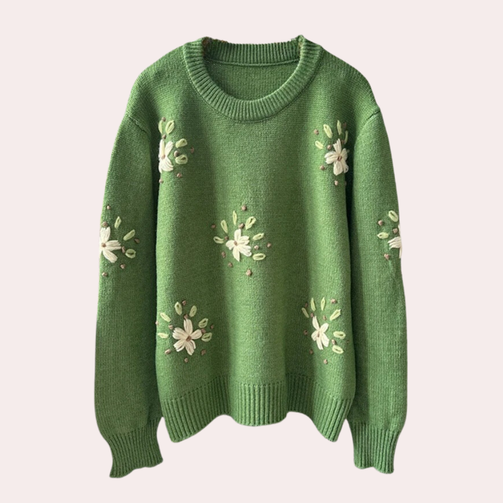 Groene gebreide trui met bloemenpatroon, damesmode, herfstkleding, comfortabele en stijlvolle trui, casual outfit, modetrend 2023.