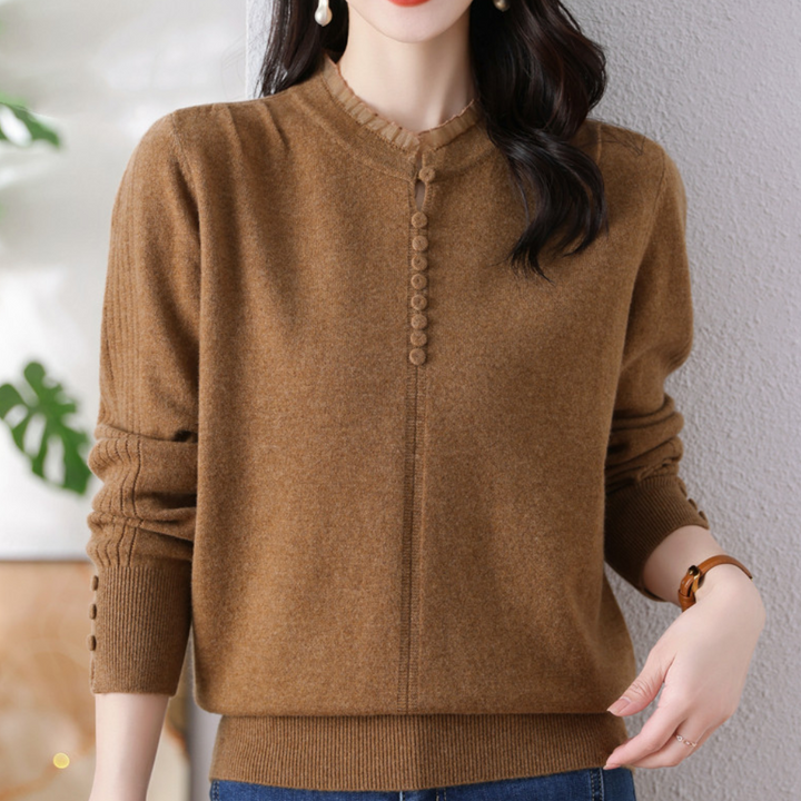 Bruine damestrui met knoopsluiting, lange mouwen en ronde hals. Stijlvolle herfstmode, comfortabel en elegant design voor dagelijks gebruik.