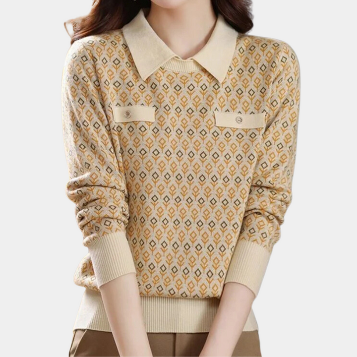 Damestrui met geometrisch patroon, lange mouwen en kraag, beige en bruin, modieuze herfstkleding, casual stijl, comfortabele pasvorm.
