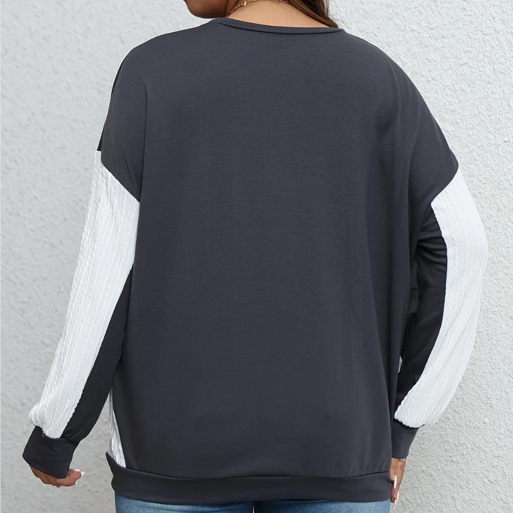 Grijze damestrui met witte mouwen, casual stijl, achterkant, comfortabele pasvorm, geschikt voor herfstmode, trendy kleding voor dames.