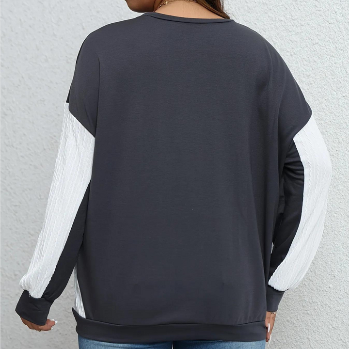 Grijze damestrui met witte mouwen, casual stijl, achterkant, comfortabele pasvorm, geschikt voor herfstmode, trendy kleding voor dames.