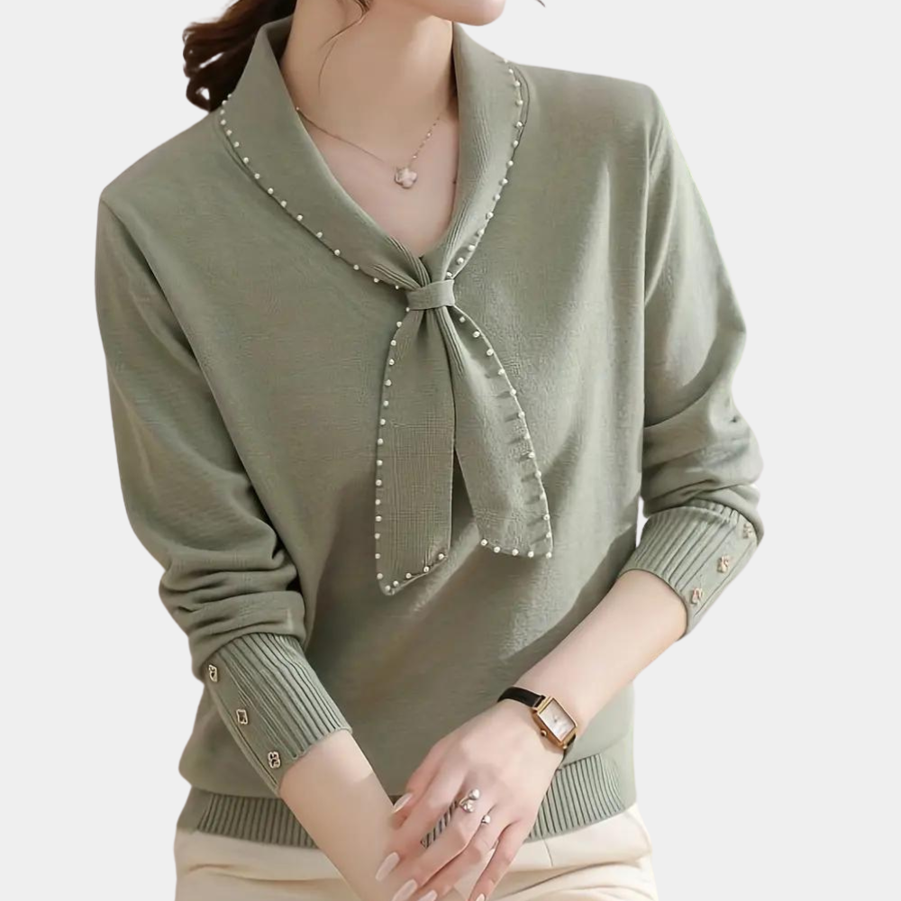 Groene damestrui met sjaalkraag en pareldetails, lange mouwen, stijlvolle casual mode, perfect voor herfst- en winteroutfits.