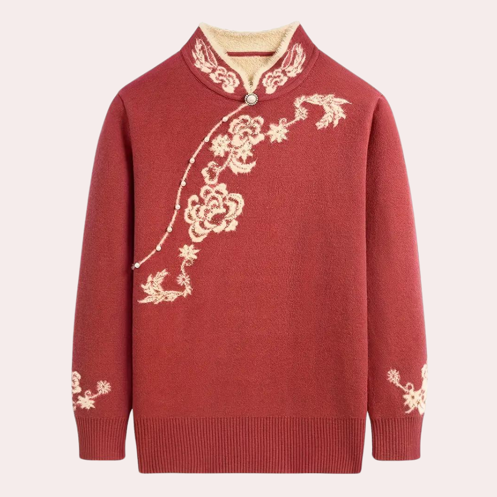 Rode damestrui met bloemenborduursel, opstaande kraag en knoopsluiting. Perfect voor herfstmode en casual chique outfits.