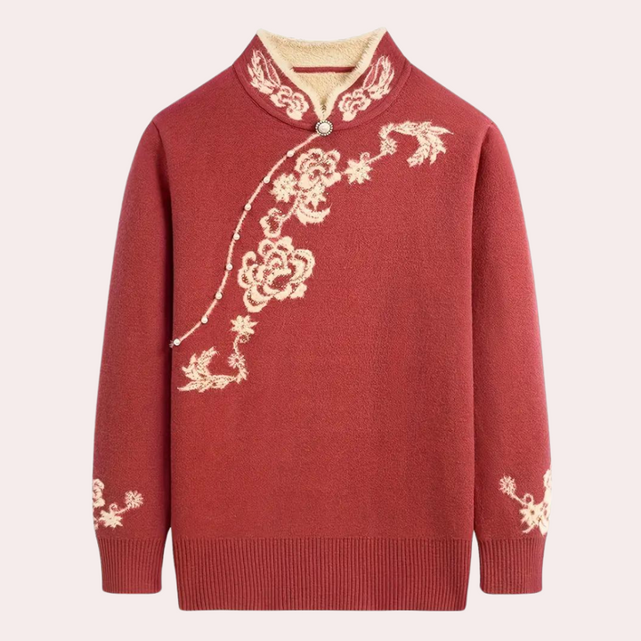 Rode damestrui met bloemenborduursel, opstaande kraag en knoopsluiting. Perfect voor herfstmode en casual chique outfits.