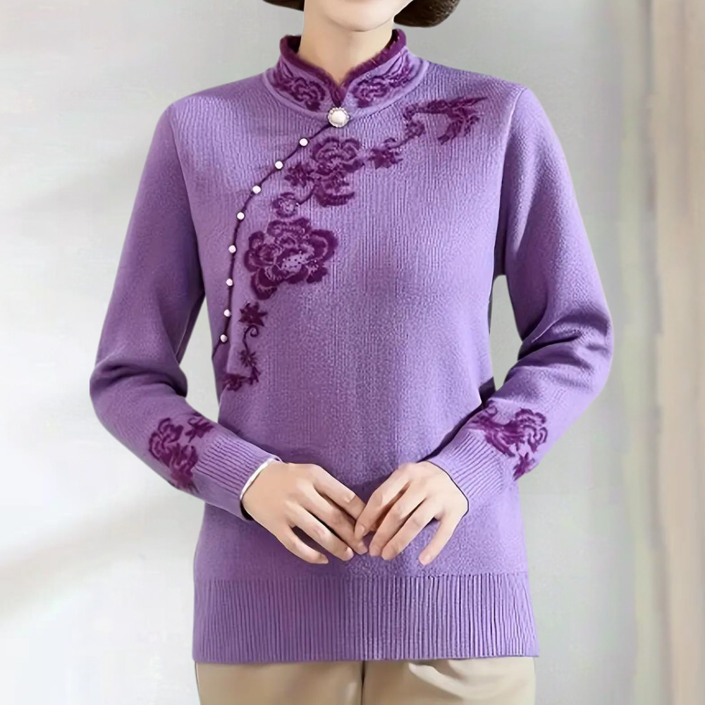 Paarse damestrui met bloemenborduursel en parelknopen, lange mouwen, elegante stijl, perfect voor herfst- en wintermode.