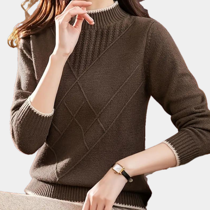 Bruine damestrui met geribbelde kraag en geometrisch patroon, lange mouwen, ideaal voor herfstmode. Comfortabele en stijlvolle kleding.