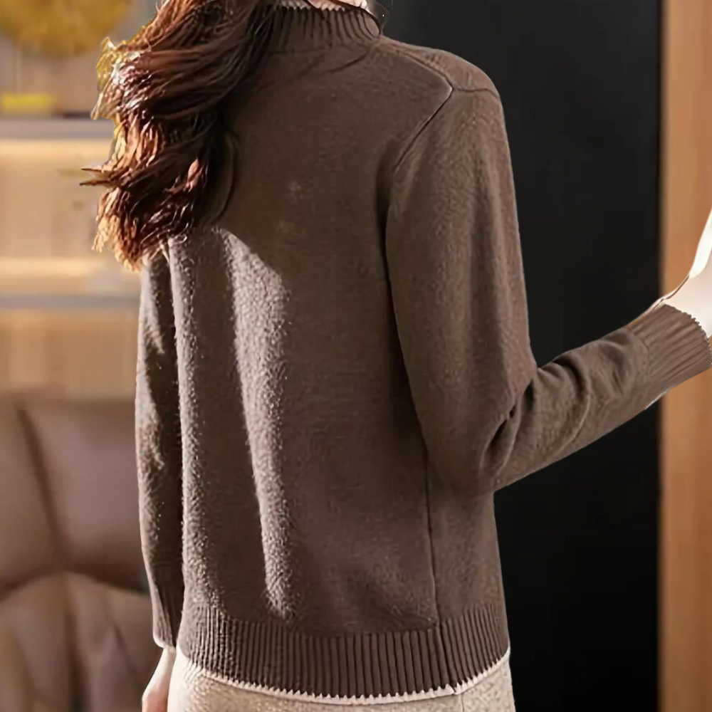 Bruine damestrui met col, gebreid patroon, lange mouwen. Perfect voor herfstmode, casual en stijlvol. Comfortabele pasvorm, trendy design.