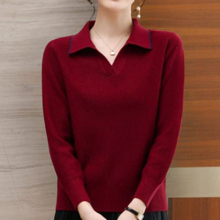 Rode damestrui met V-hals en lange mouwen, elegante stijl, geschikt voor herfst- en wintermode. Perfect voor casual en zakelijke outfits.