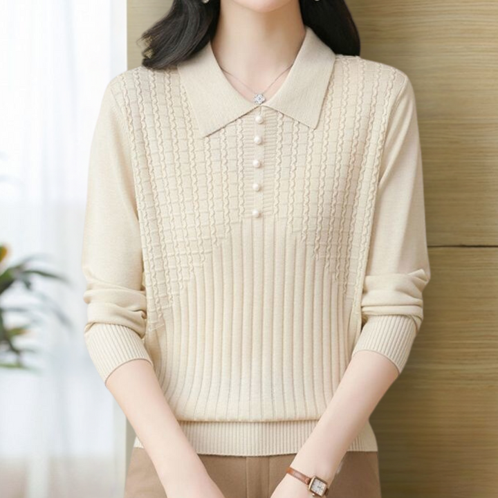 Beige damestrui met kraag en knopen, gebreid patroon, lange mouwen, elegante casual mode, perfect voor herfst- en winterseizoenen.