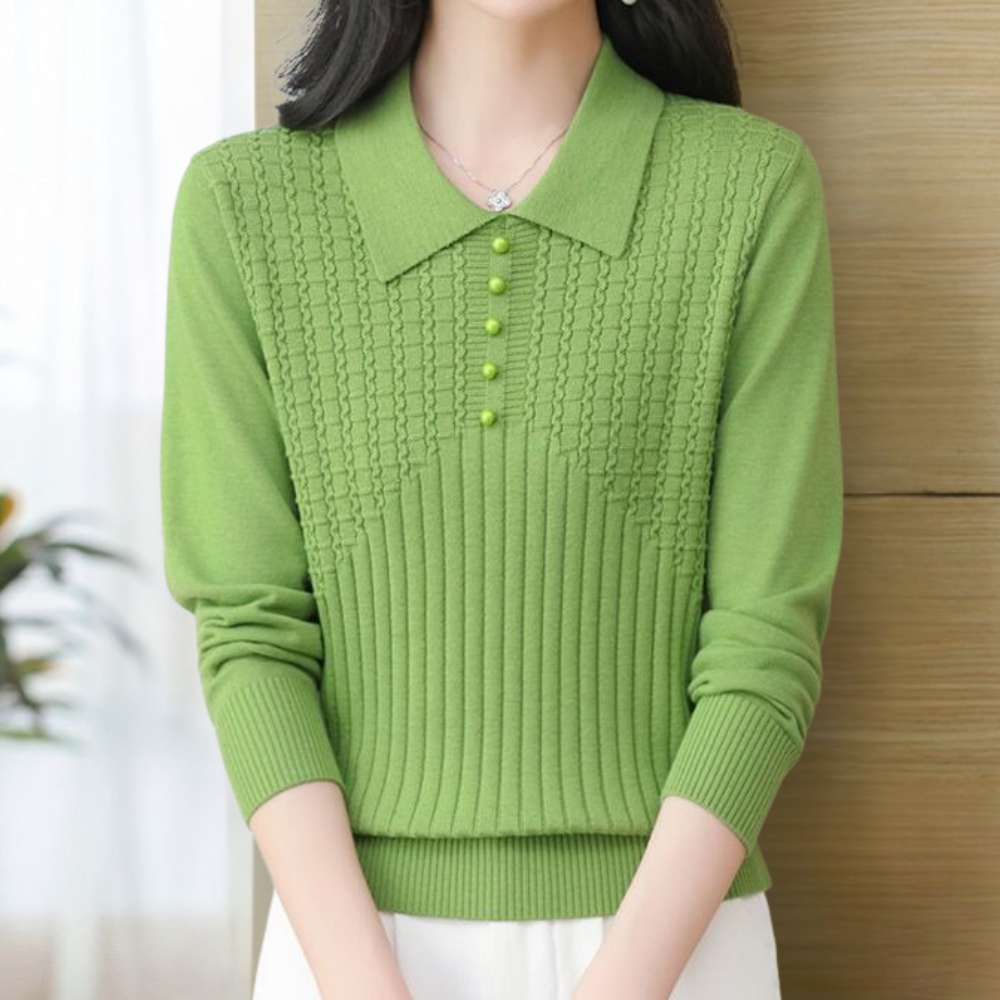 Groene damestrui met kraag en knoopsluiting, gebreid patroon, lange mouwen. Perfect voor casual en stijlvolle outfits.
