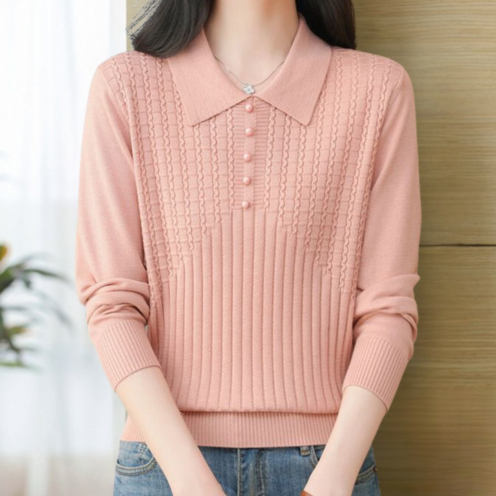 Roze damestrui met kraag en knoopsluiting, gebreid patroon, lange mouwen, casual stijl. Perfect voor herfstmode en dagelijks gebruik.