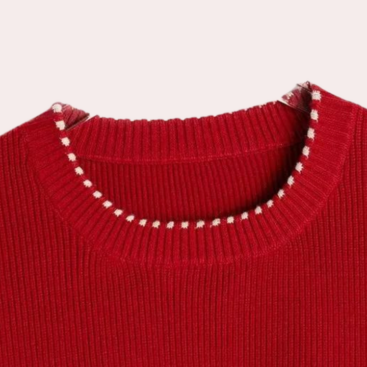 Rode gebreide trui met ronde hals en witte stiksels, damesmode, winterkleding, stijlvolle warme trui, trendy design, comfortabele pasvorm.