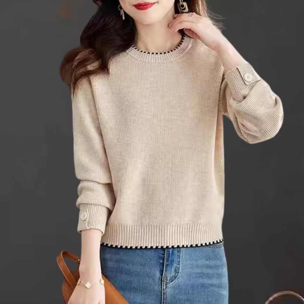 Damestrui beige, lange mouwen, geribbelde boorden, casual stijl, perfect voor herfstmode. Comfortabele pasvorm, trendy en veelzijdig.
