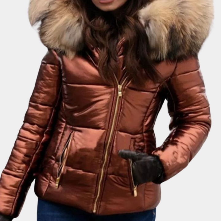 Dames winterjas bruin metallic met bontkraag, gewatteerd, modieus en warm. Perfect voor koude seizoenen. Wintermode, trendy jas, dameskleding.