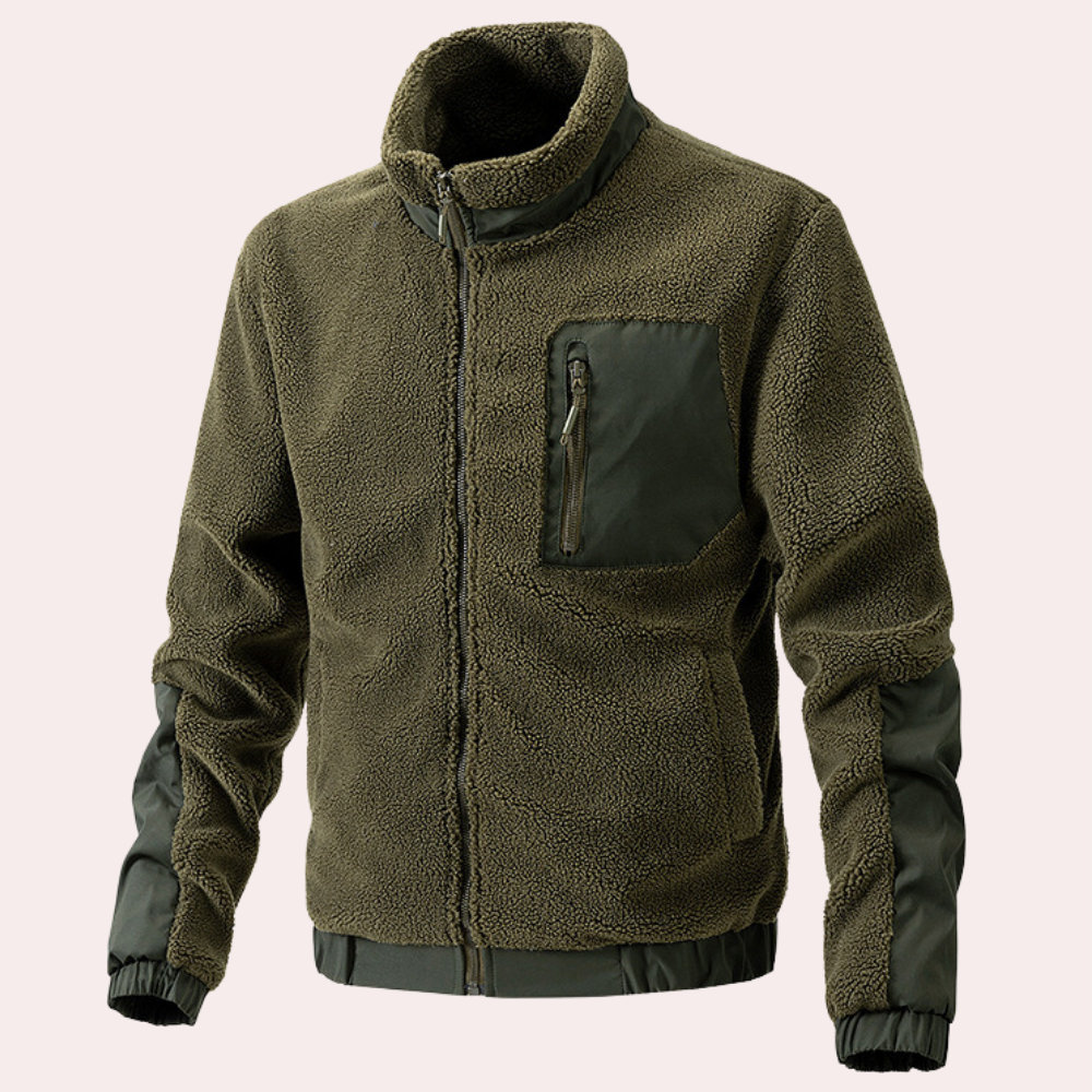 Olijfgroene fleece jas met rits, borstzak en contrasterende mouwen. Warme herenkleding, ideaal voor outdoor activiteiten en casual stijl.