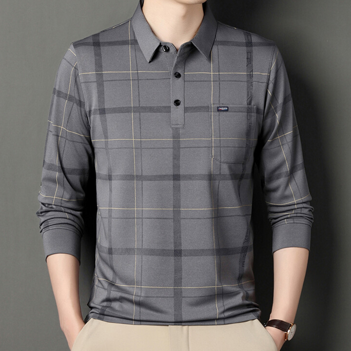Grijze geruite polo met lange mouwen voor heren, stijlvolle casual look, perfect voor dagelijks gebruik. Comfortabele pasvorm, modieuze herenkleding.