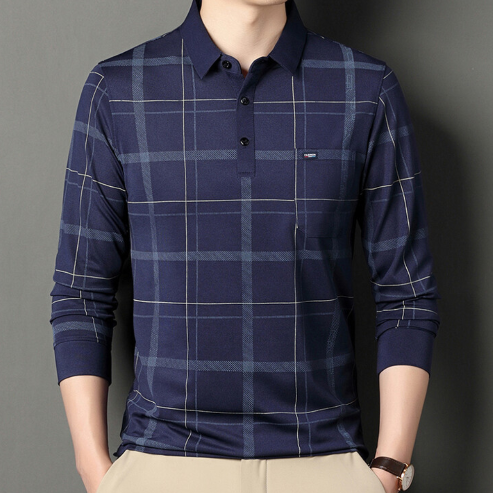 Donkerblauwe geruite polo met lange mouwen voor heren, stijlvolle casual look, ideaal voor mode en comfort, perfect voor dagelijks gebruik.