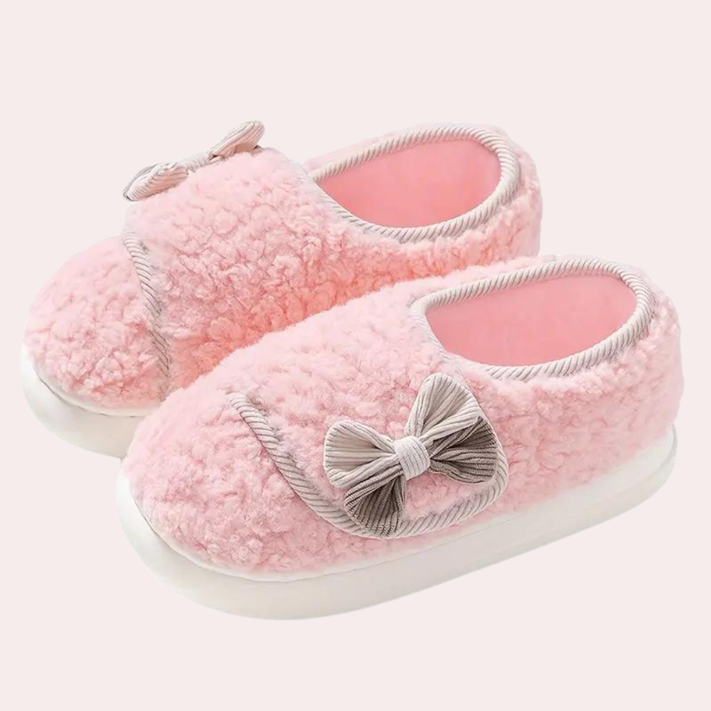 Roze pluche pantoffels met strik, comfortabele dames huisschoenen, warme winter slippers, antislip zool, ideaal voor thuisgebruik.