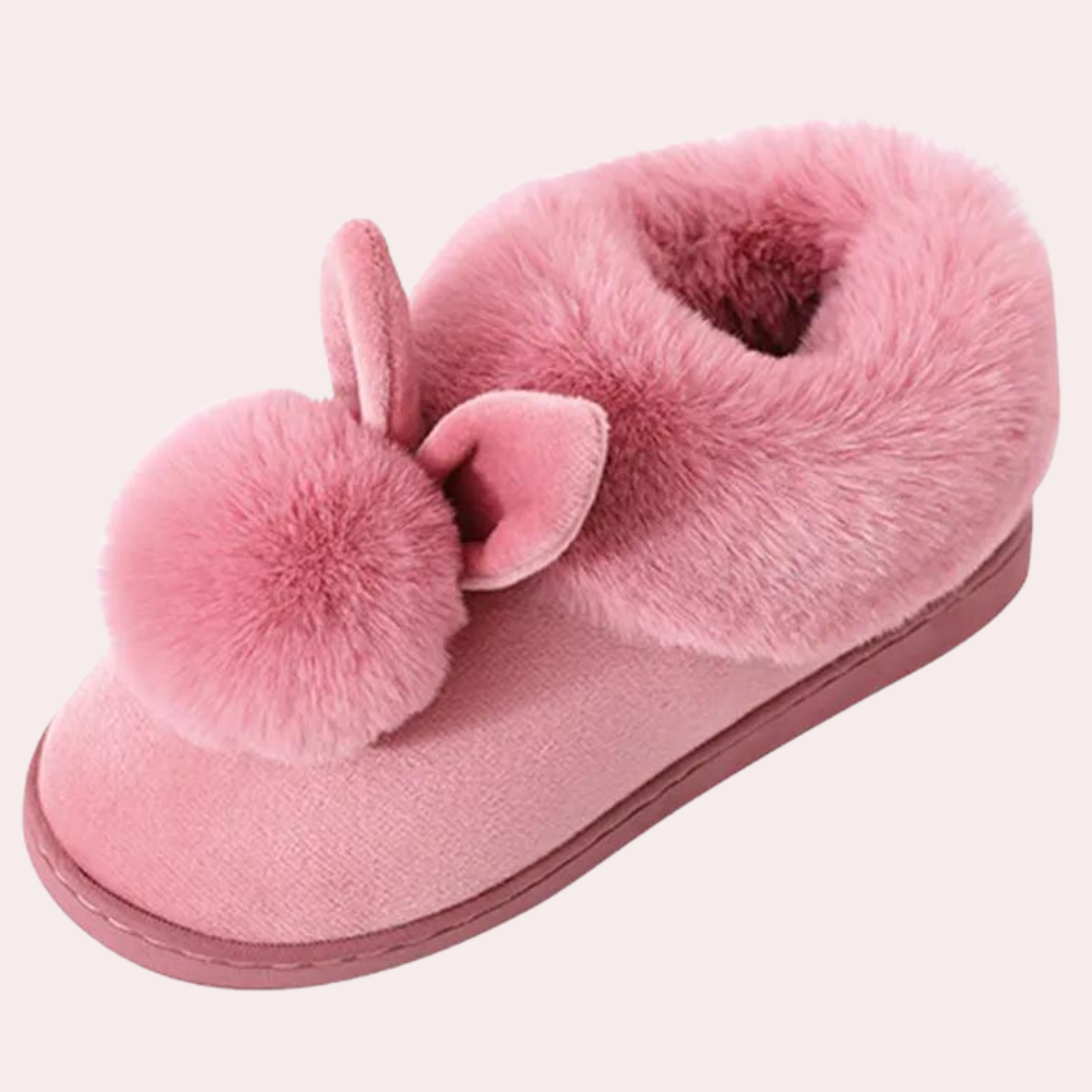 Roze pluche pantoffel met konijnenoren en pompon, warme winter dames slof, comfortabele binnenhuis slipper, modieus en knus ontwerp.