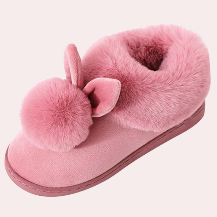 Roze pluche pantoffel met konijnenoren en pompon, warme winter dames slof, comfortabele binnenhuis slipper, modieus en knus ontwerp.