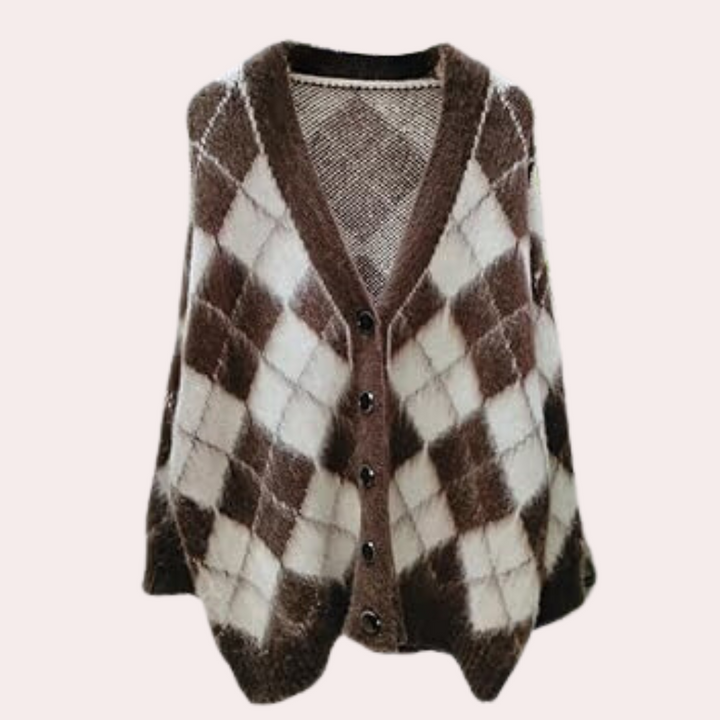 Bruine en witte geruite poncho met knopen, gebreid patroon, damesmode, herfst-winter kleding, stijlvolle en warme cape, trendy accessoire.