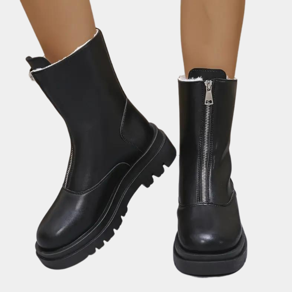 Zwarte leren laarzen met dikke zool en ritssluiting, wintermode, dameslaarzen, trendy schoeisel, comfortabele en stijlvolle enkellaarzen.