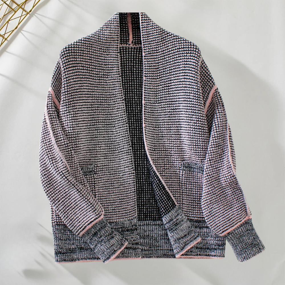 Roze en grijze gebreide damesvest, open voorkant, lange mouwen, casual stijl, comfortabele pasvorm, perfect voor herfst- en wintermode.