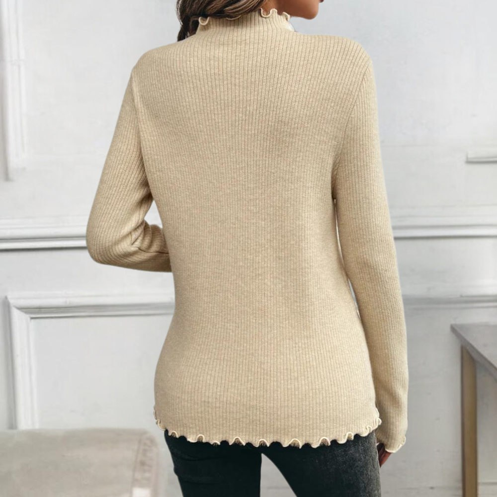 Beige geribbelde trui met lange mouwen en ruches, damesmode, herfstkleding, stijlvolle casual outfit, comfortabele pasvorm, trendy design.