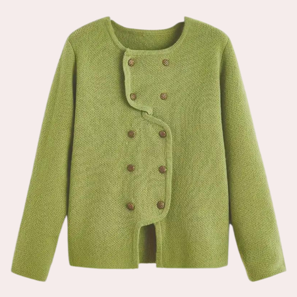 Groene damestrui met asymmetrische knoopsluiting, lange mouwen en ronde hals. Perfect voor herfstmode en casual outfits.