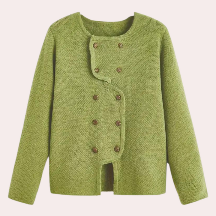 Groene damestrui met asymmetrische knoopsluiting, lange mouwen en ronde hals. Perfect voor herfstmode en casual outfits.